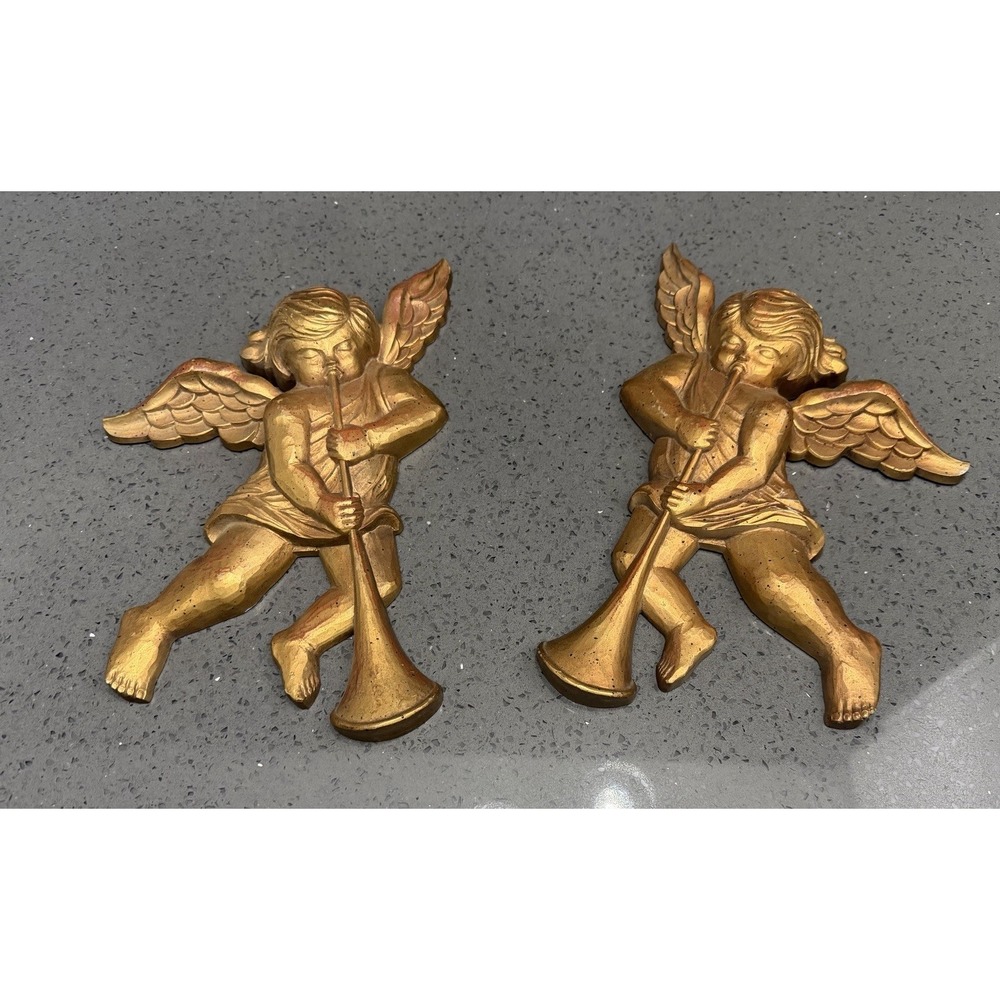 Vtg Cherubs Angels Wall Hanging Decor Gold Playing‎ Horn Set of 2